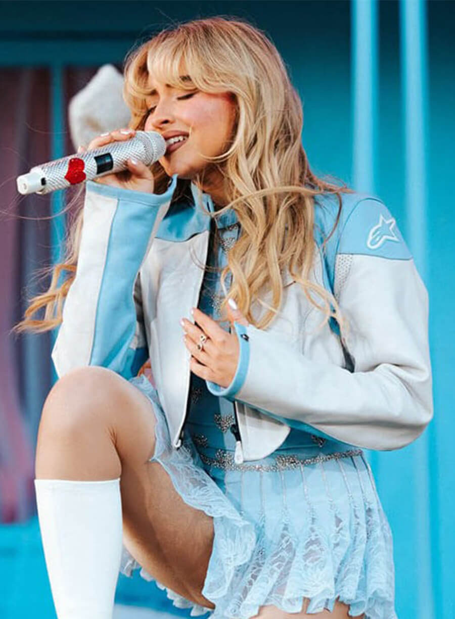 Sabrina Carpenter White Blue Leather Jacket 