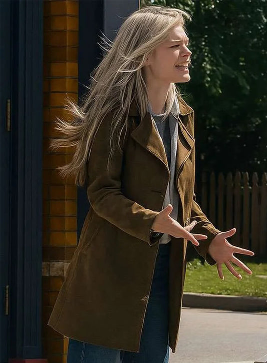 Samara Weaving Eenie Meanie 2025 Edie Brown Leather Coat