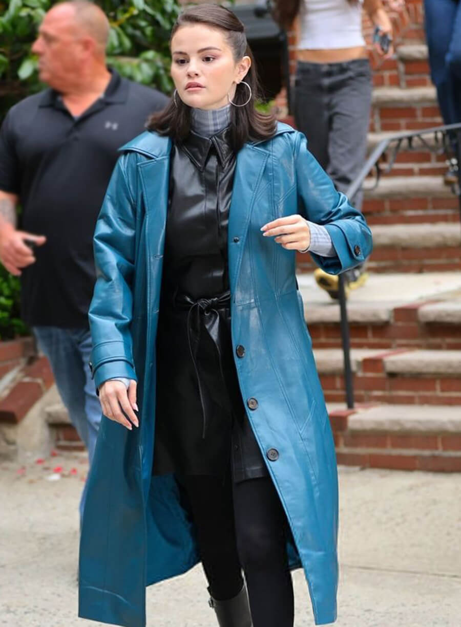 Selena Gomez Blue Leather Long Coat