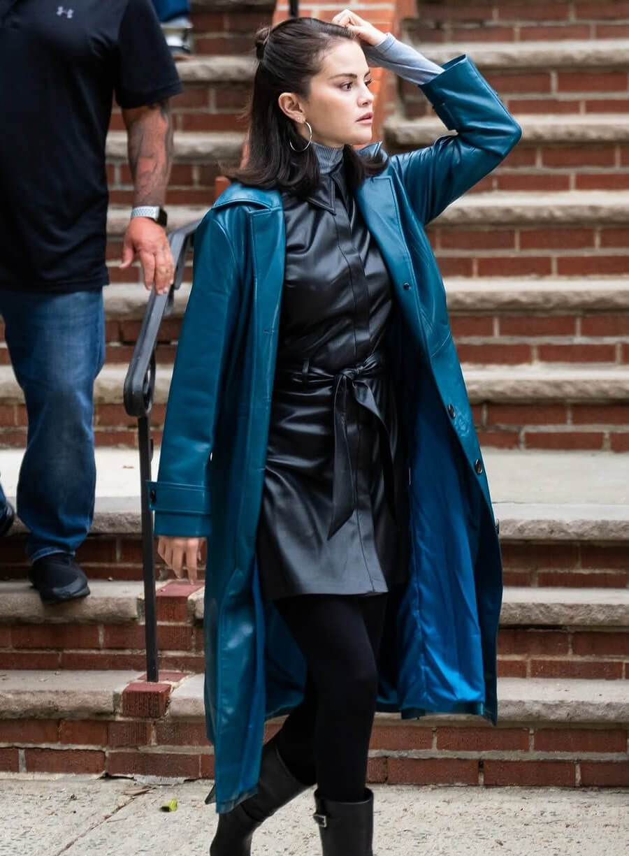 Selena Gomez Blue Leather Long Coat