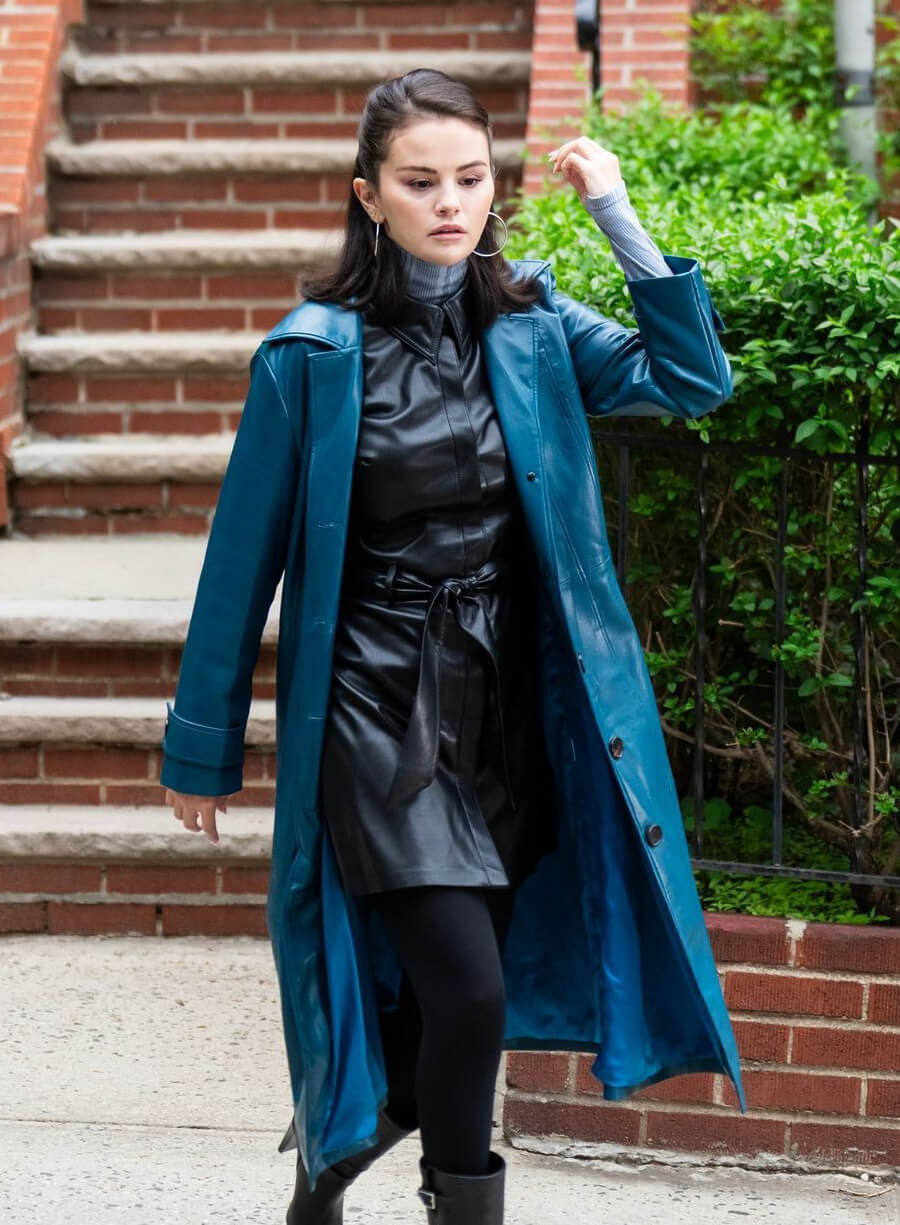 Selena Gomez Blue Leather Long Coat