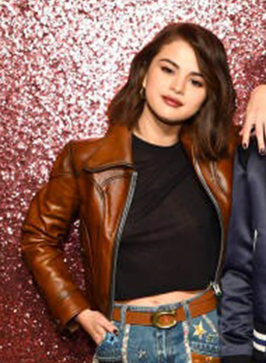 Selena Gomez Brown Cropped Leather Jacket 