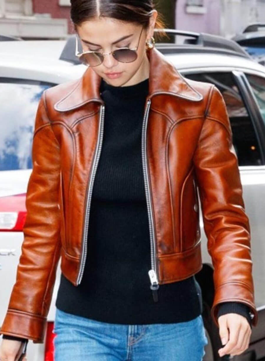 Selena Gomez Brown Cropped Leather Jacket 