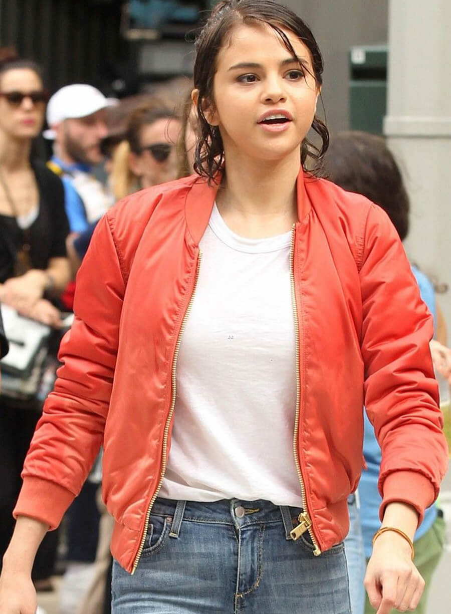 Selena Gomez Orange Bomber Jacket 