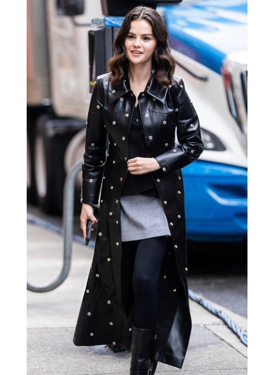 Selena Gomez Studded Black Leather Coat