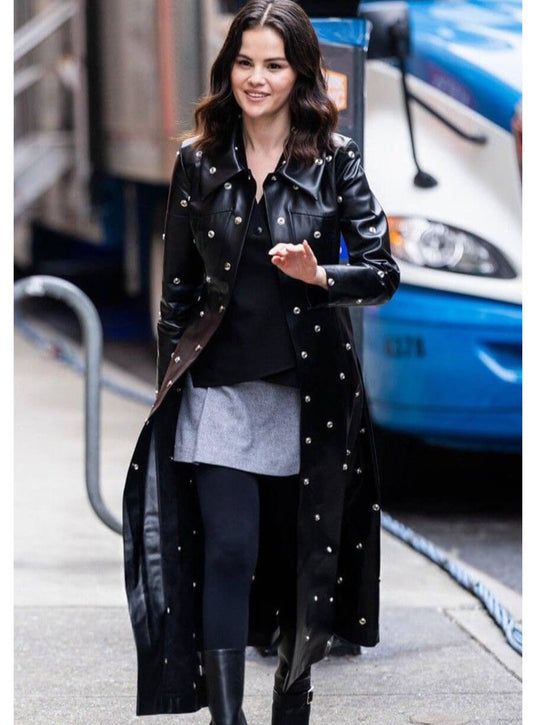 Selena Gomez Studded Black Leather Coat