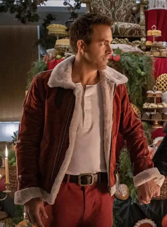 Spirited Ryan Reynolds Clint Briggs Red Shearling Leather Jacket