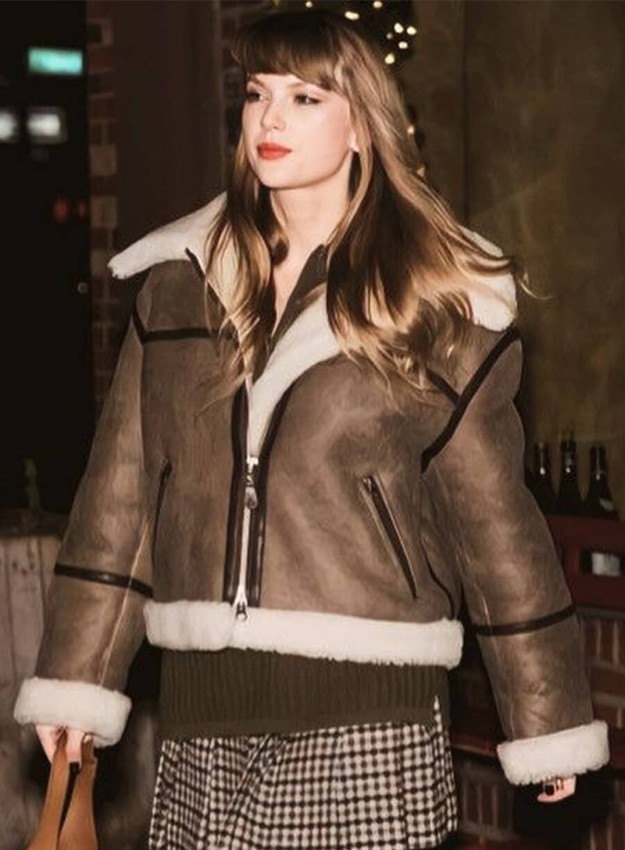 Taylor Swift Shearling Aviator Brown Leather Jacket