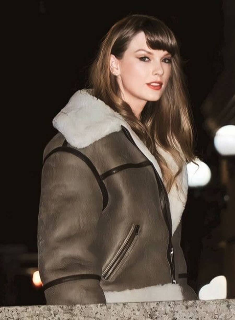 Taylor Swift Shearling Aviator Brown Leather Jacket