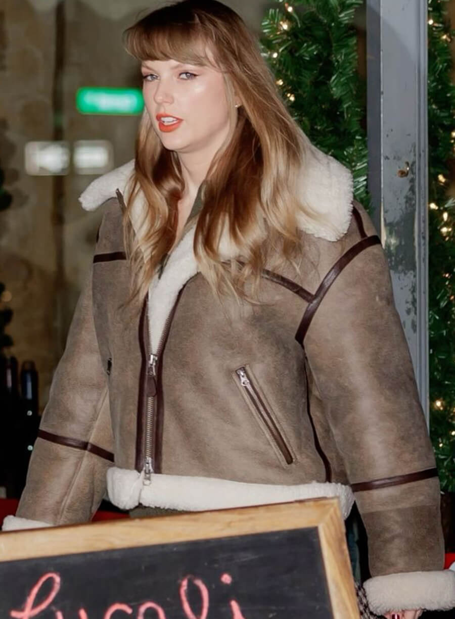 Taylor Swift Shearling Aviator Brown Leather Jacket