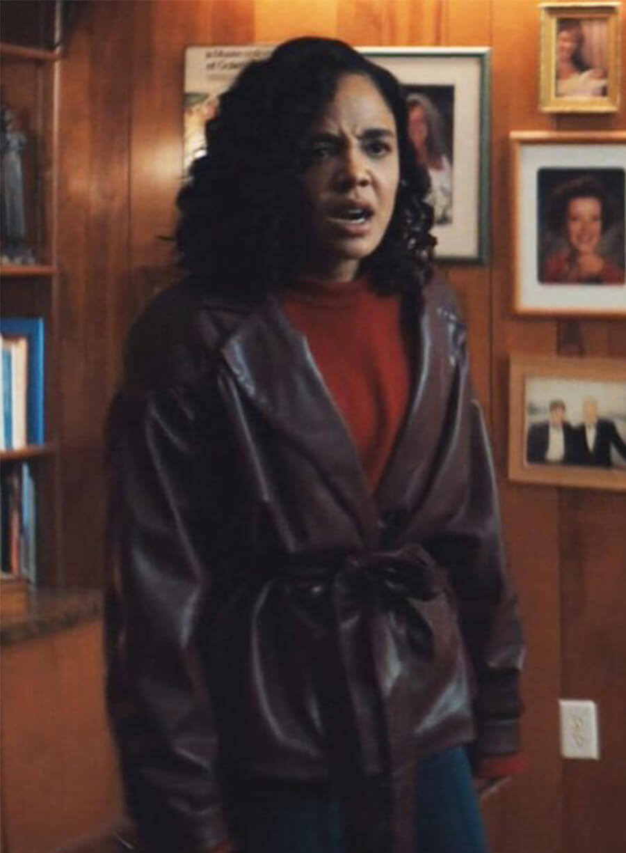 Tessa Thompson His & Hers 2026 Anna Andrews Brown Leather Jacket