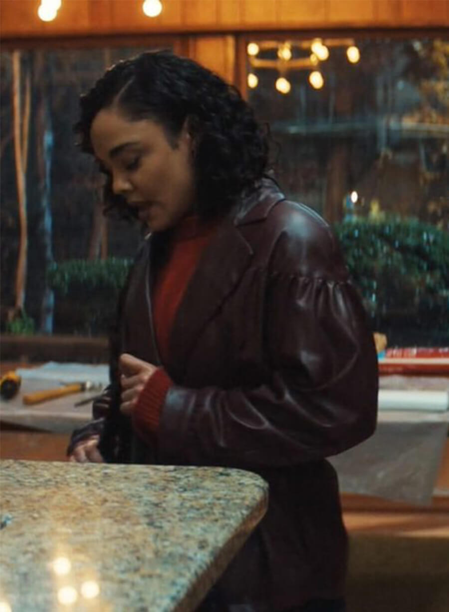 Tessa Thompson His & Hers 2026 Anna Andrews Brown Leather Jacket