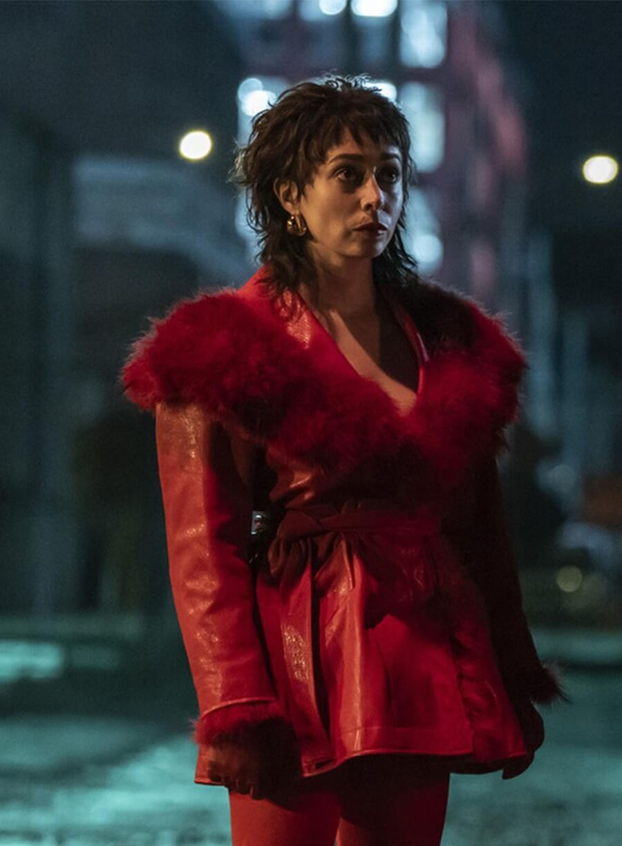 The Penguin Sofia Falcone Red Fur Shearling Leather Jacket