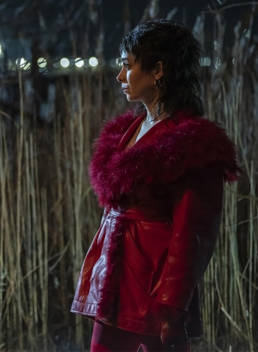 The Penguin Sofia Falcone Red Fur Shearling Leather Jacket