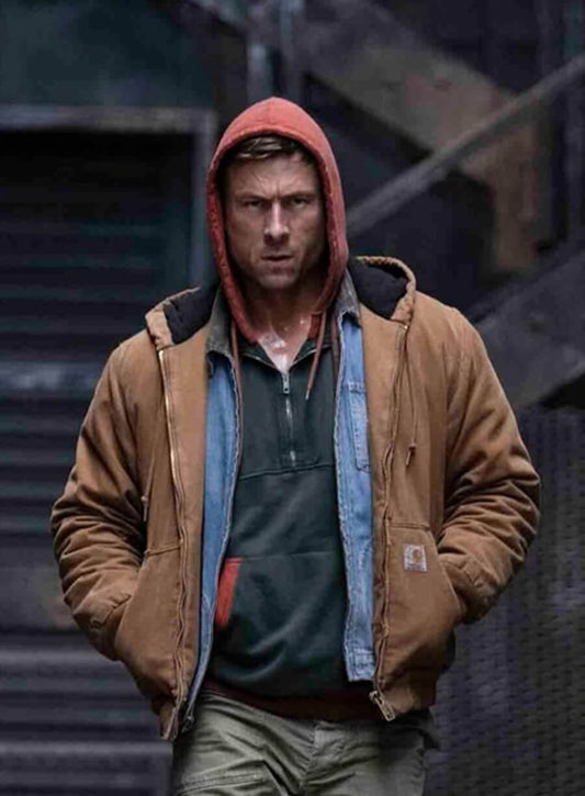 The Running Man Glen Powell Ben Richards Brown Hooded Jacket